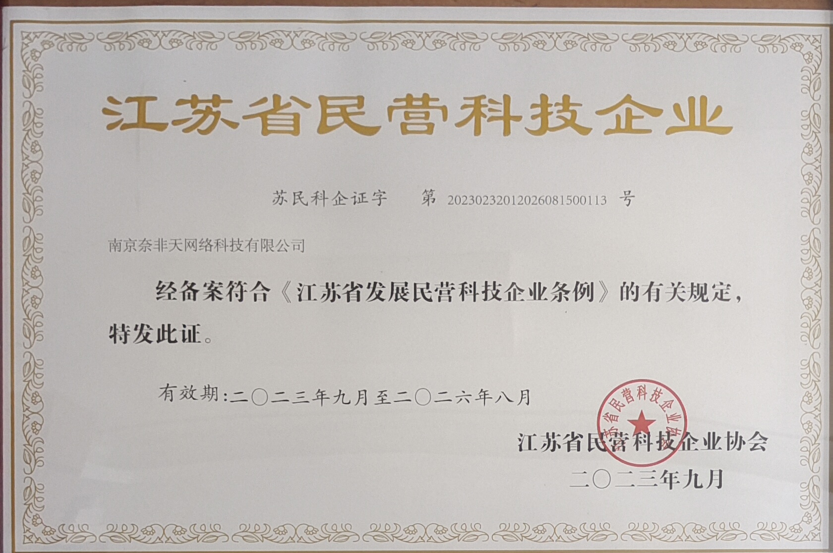 江苏省民营科技企业证书